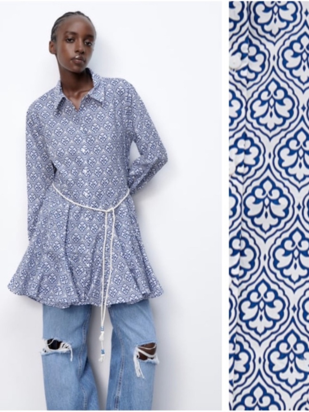 NWT [Zara] Button Down Blue White Tile Shirt Mini Dress Rope Belt | Medium - Picture 7 of 14